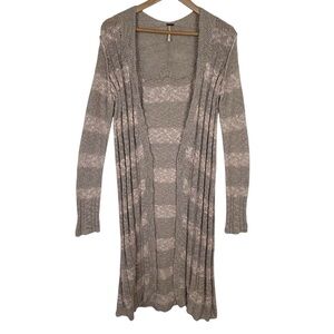 Free People Long Open Knit Cardigan Duster Taupe Stripe Small Linen Cotton Blend
